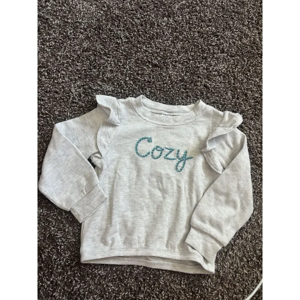 Carter's Cozy Waffle Knit Ruffle Shoulder Top 24M Cream Embroidered Toddler Girl